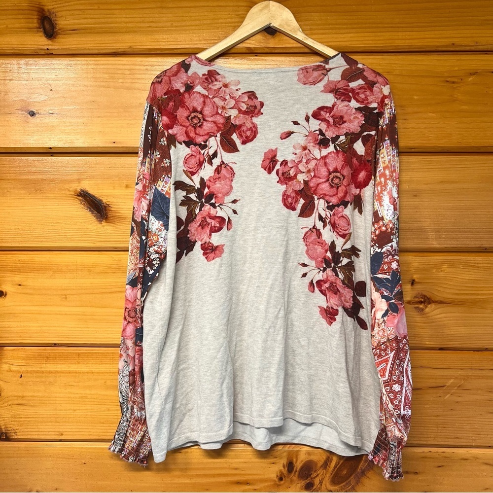Chicos 2 Tone knit Ballon Long Sleeve Floral V Neck XL Women's Top